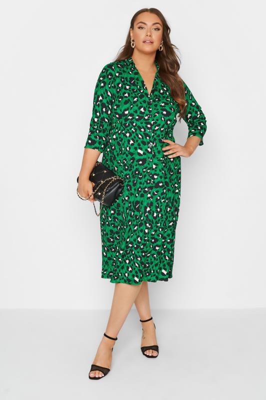  YOURS LONDON Curve Green Animal Print Crinkle Shirt Dress