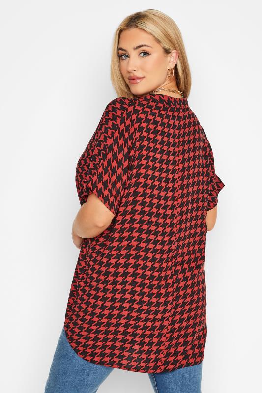 Curve Red Dogtooth Print Half Placket Blouse 3