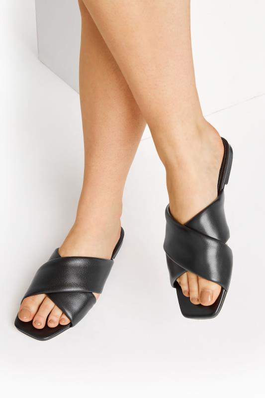  Grande Taille LTS Black Cross Strap Square Mules In Standard D Fit