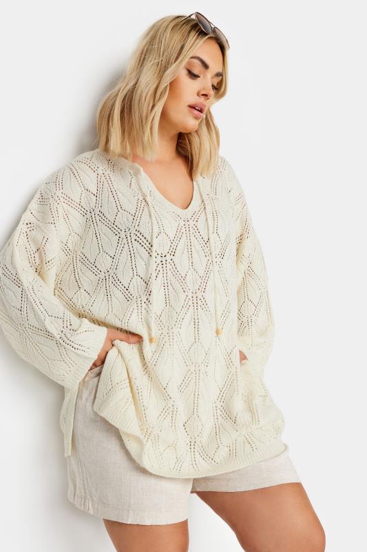 YOURS Plus Size White Tie Neck Crochet Jumper | Yours Clothing  2