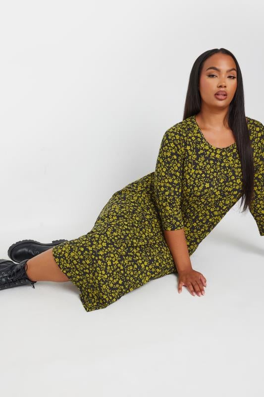 YOURS Plus Size Black & Yellow Floral Print Pocket Dress | Yours Clothing 2