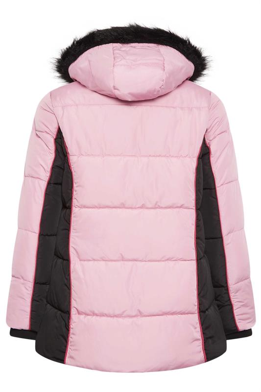YOURS Plus Size Pink & Black Colourblock Hooded Puffer Jacket | YOURS Clothing 8