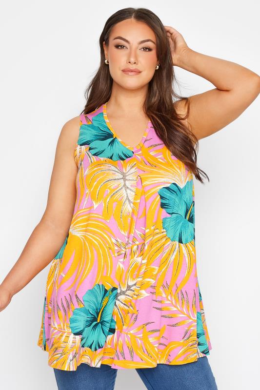 Plus Size  Curve Pink Tropical Print Swing Vest Top