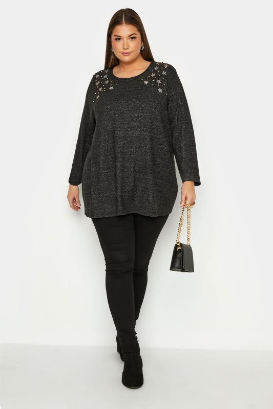 Plus Size Curve Grey Star Embellished Jumper | Yours Clothing  2