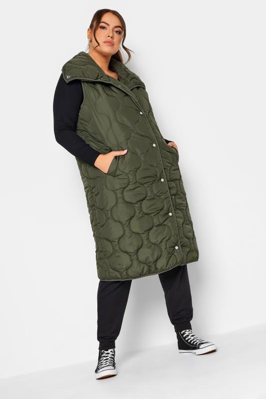 YOURS Plus Size Olive Green Funnel Neck Quilted Longline Gilet | Yours Clothing 3