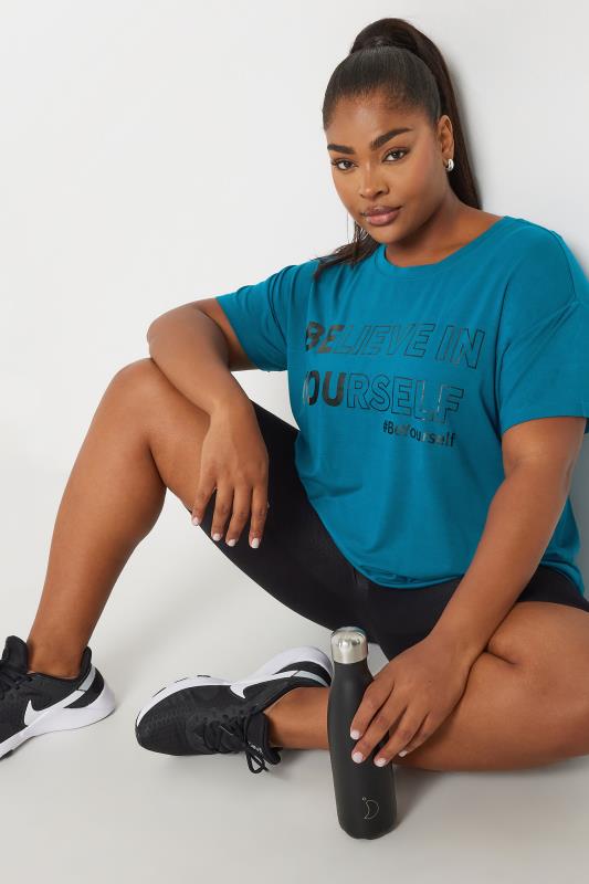 Plus Size  YOURS ACTIVE Curve Blue 'Believe In Yourself' Slogan Print Top