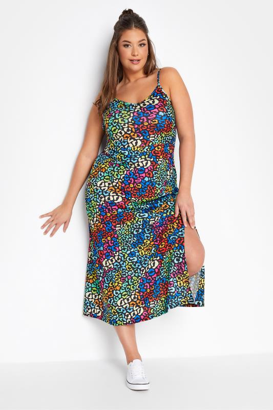 Großen Größen  LIMITED COLLECTION Curve Black Rainbow Leopard Print Side Split Midaxi Dress