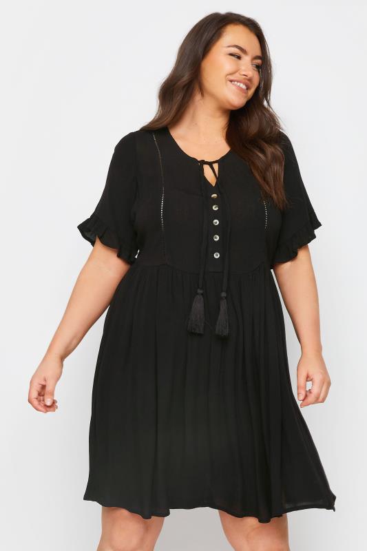 YOURS Plus Size Black Crinkle Tie Neck Dress | Yours Clothing 1
