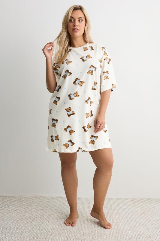 YOURS Plus Size Ivory White Teddy Print Sleep Tee Nightdress | Yours Clothing 1