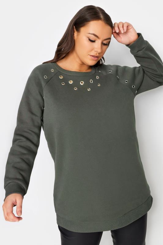 YOURS Curve Dark Green Eyelet Detail Sweatshirt | Yours Clothing 1