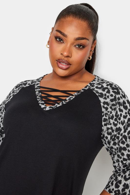 YOURS Plus Size Black Leopard Print Lace Up Eyelet Top | Yours Clothing 4