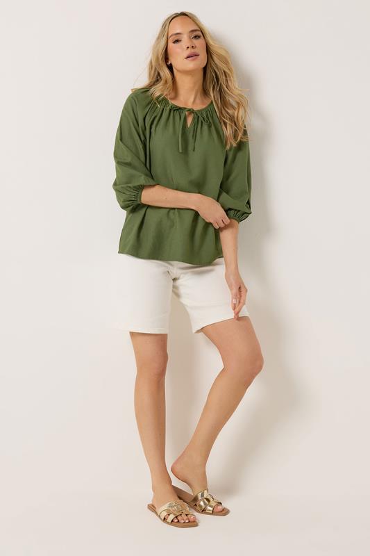 LTS Tall Women's Khaki Green Tie Front Linen Blouse | Long Tall Sally 4