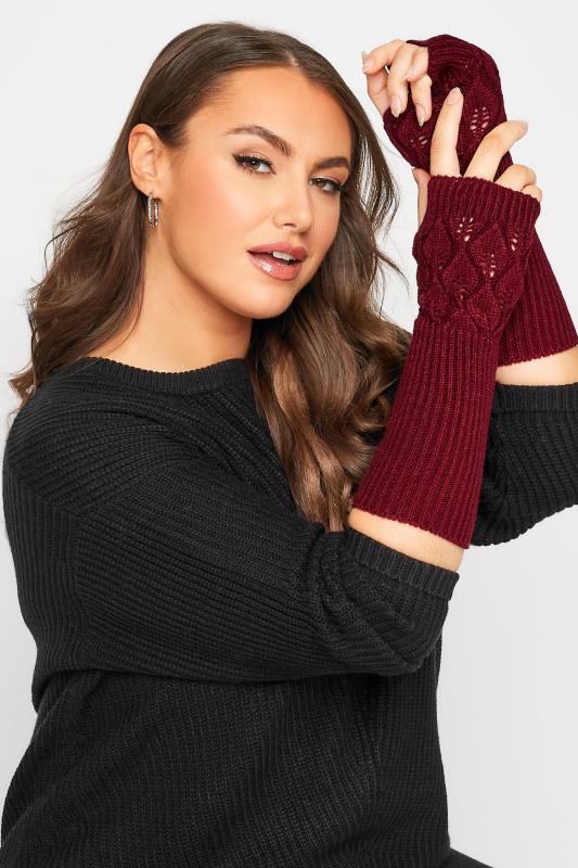 Burgundy Red Leaf Knitted Hand Warmer Gloves | Yours Clothing 1