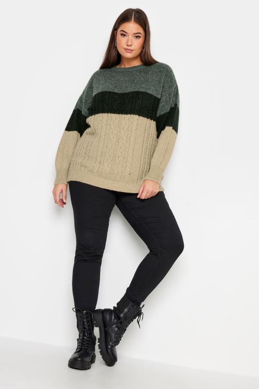 YOURS Plus Size Beige Brown Colourblock Cable Knit Jumper | Yours Clothing 2