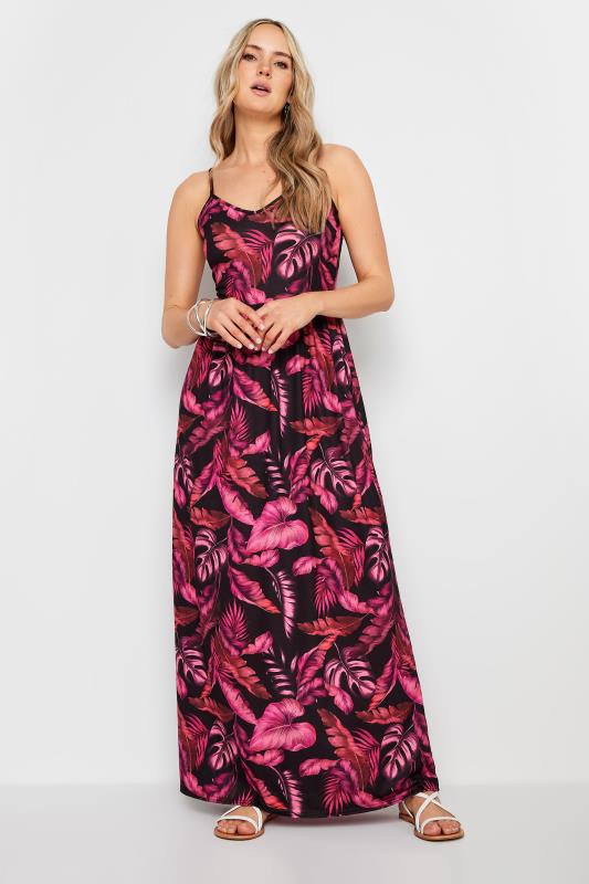  Grande Taille LTS Tall Black & Pink Tropical Print Maxi Dress