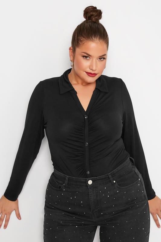 LIMITED COLLECTION Plus Size Black Ruched Front Bodysuit | Yours Clothing  1
