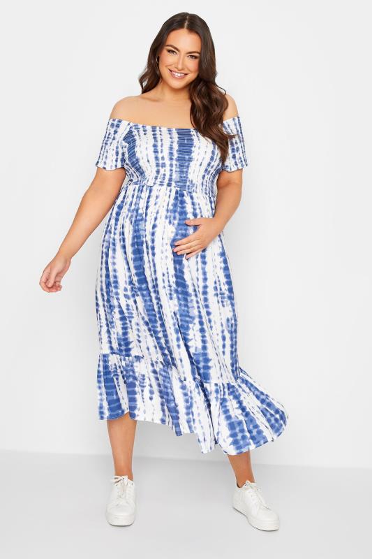 BUMP IT UP MATERNITY Plus Size Blue Tie Dye Shirred Dress | Yours Clothing