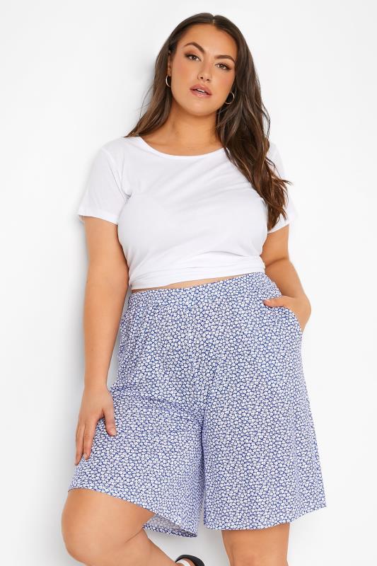 Curve Blue Ditsy Print Pull On Jersey Shorts_A.jpg
