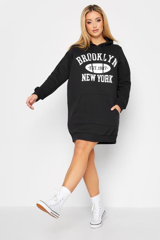 Plus Size  Curve Black 'Brooklyn New York' Slogan Hoodie Dress