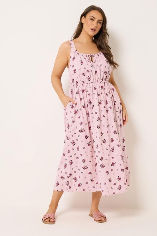 YOURS Plus Size Pink Floral Linen Milkmaid Dress | Yours Clothing 1