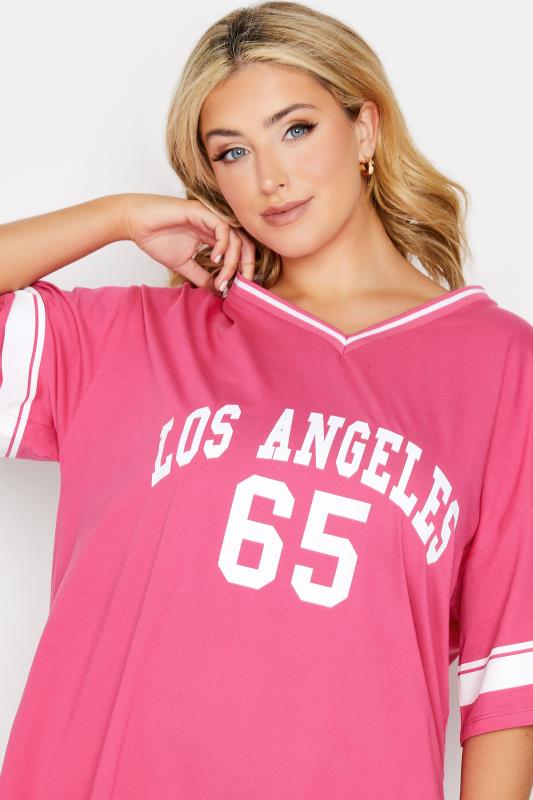 YOURS Curve Plus Size Hot Pink 'Los Angeles' Slogan Varsity T-Shirt | Yours Clothing  5