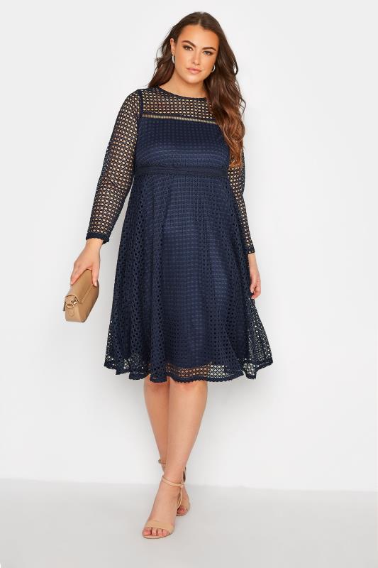 YOURS LONDON Plus Size Navy Blue Lace Midi Skater Dress | Yours Clothing 1