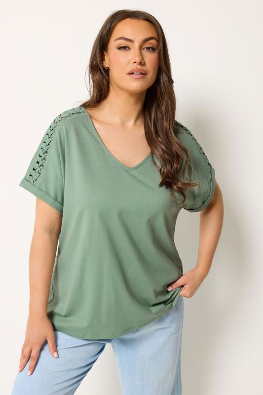  YOURS camiseta verde salvia con celosía y manga sisa