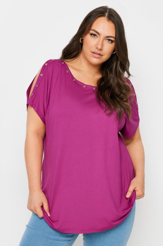 YOURS Plus Size Pink Eyelet Detail Cold Shoulder Top | Yours Clothing 1