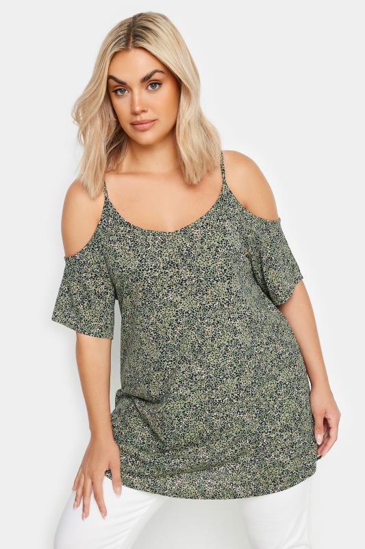 YOURS Curve Khaki Green Animal Print Cold Shoulder Top