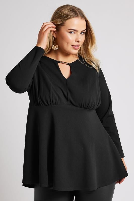 YOURS LONDON Plus Size Black Keyhole Peplum Top | Yours Clothing  1