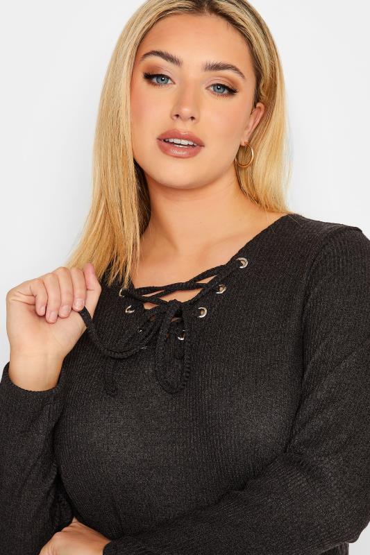 Curve Plus Size Black Ribbed Lace Up Swing Top | Yours Clothing  4
