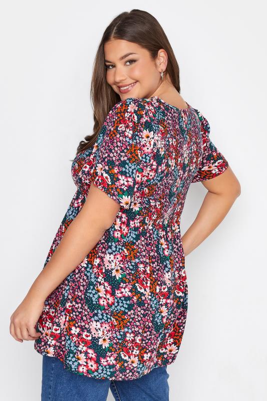 Curve Navy Blue Floral Print Shirred Top 3