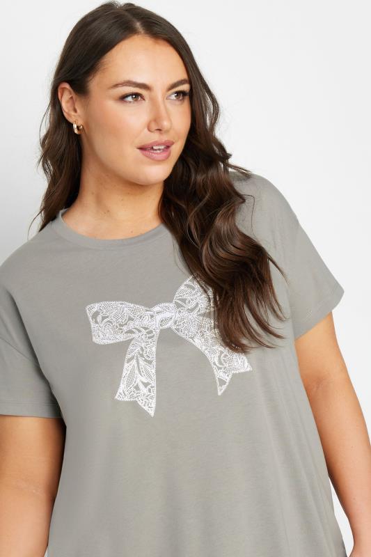 YOURS Plus Size Grey Diamante Bow Print T-Shirt | Yours Clothing  4