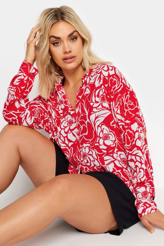  Grande Taille YOURS Curve Red Floral Print Crinkle Beach Shirt