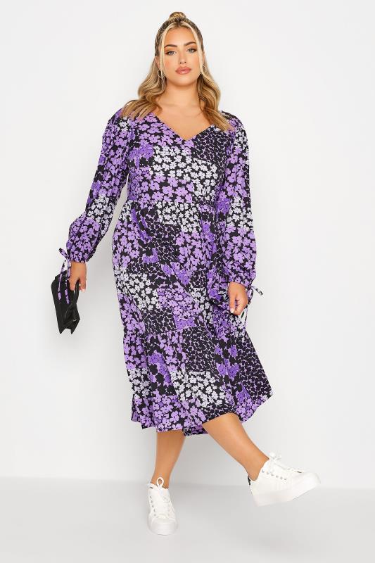 LIMITED COLLECTION Curve Purple Ditsy Print Tie Details Tiered Midi Dress 2