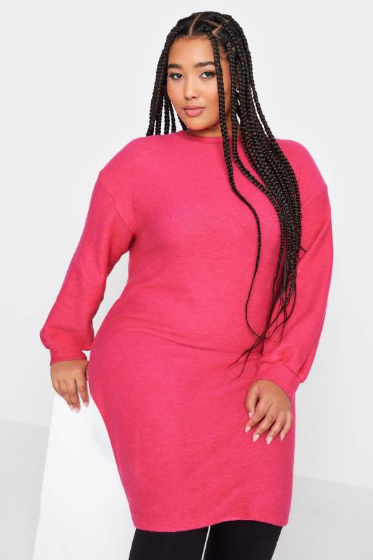 YOURS Plus Size Curve Hot Pink Soft Touch Midi Jumper Dress | Yours Clothing  4