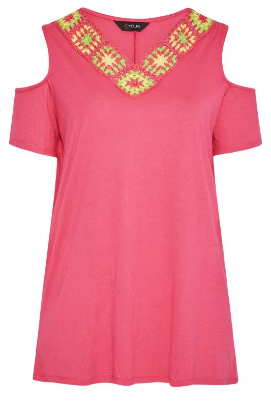 Plus Size Pink Crochet Neckline Cold Shoulder Top | Yours Clothing 6