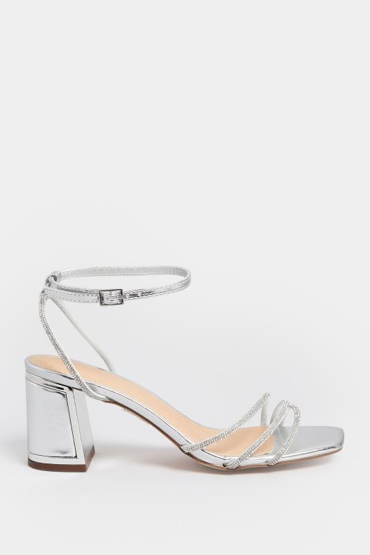 PixieGirl Silver Diamante Strap Mid Block Heel Sandals In Standard Fit | PixieGirl 3