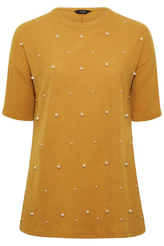 Plus Size Mustard Yellow Pearl Embellished Split Hem Top | Yours Clothing 6