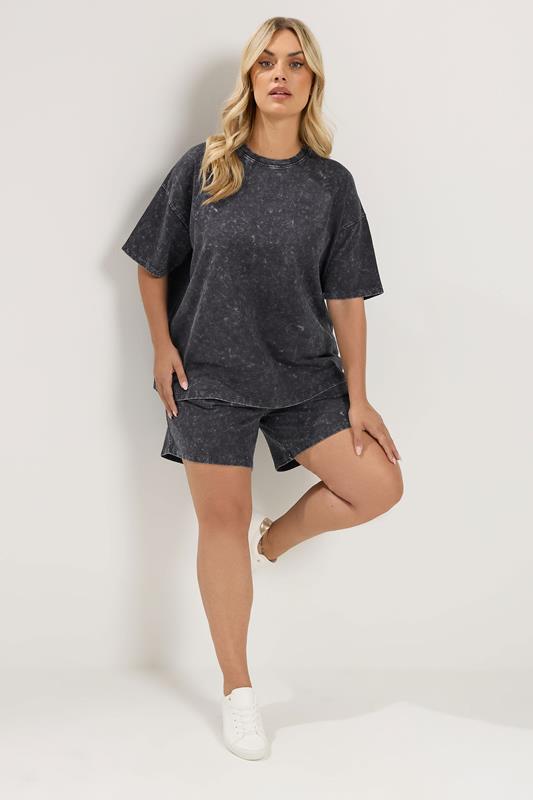 YOURS Plus Size Grey Acid Wash Sweat T-Shirt And Short Set | Yours Clothing 1