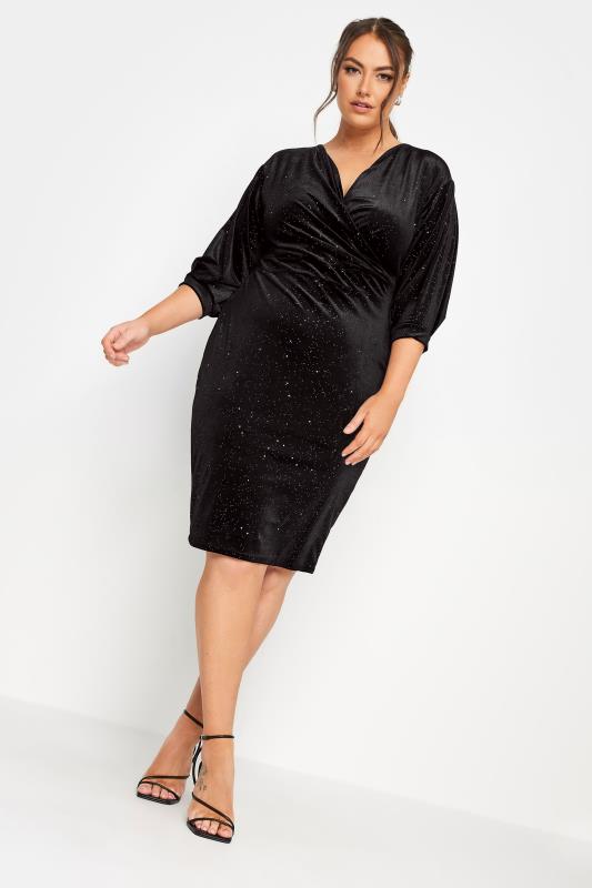 YOURS LONDON Plus Size Black Glitter Velvet Wrap Dress | Yours Clothing 3