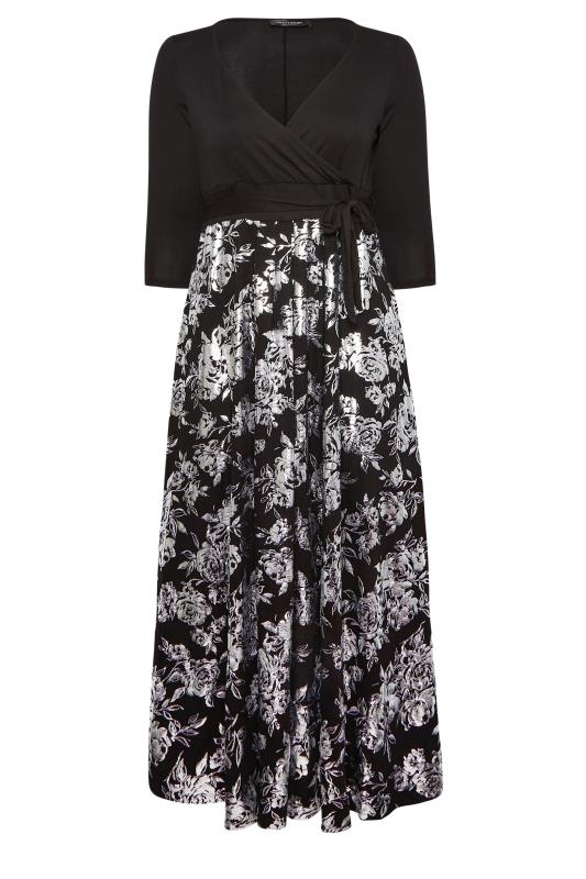 YOURS LUXURY Plus Size Black & Silver Foil Floral Print Wrap Dress | Yours Clothing 7