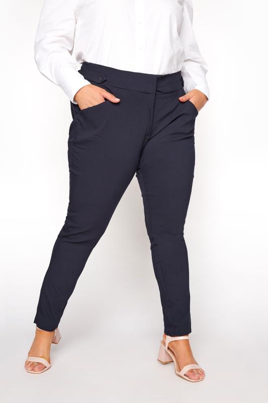 Plus Size  Navy Bengaline Stretch Trousers