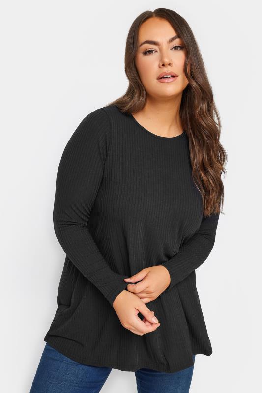  Tallas Grandes YOURS Curve Black Long Sleeve Ribbed Swing Top