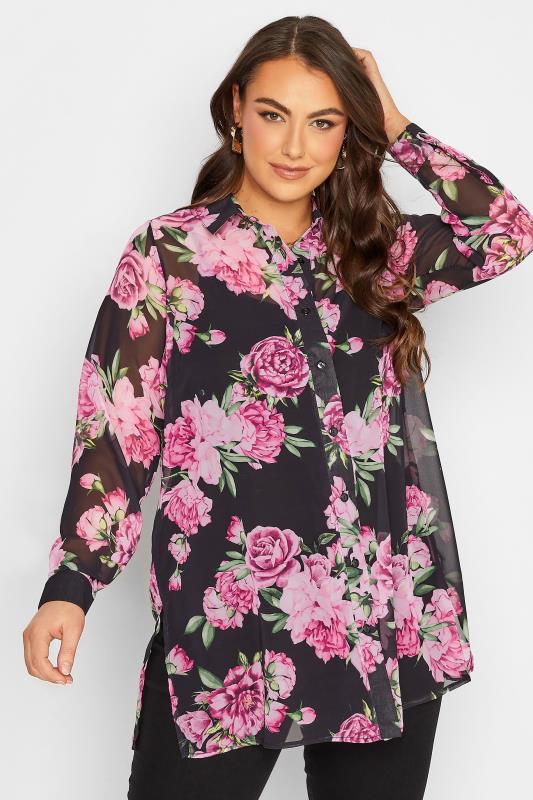 YOURS LONDON Plus Size Curve Black & Pink Floral Print Longline Shirt | Yours Clothing  1