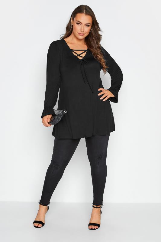 LIMITED COLLECTION Plus Size Black Lattice Front Top | Yours Clothing 2