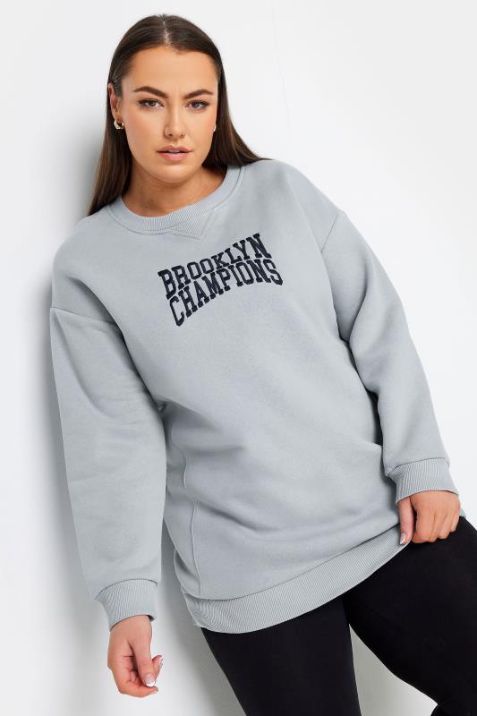 Plus Size  YOURS Curve Light Grey 'Brooklyn Champions' Slogan Sweatshirt