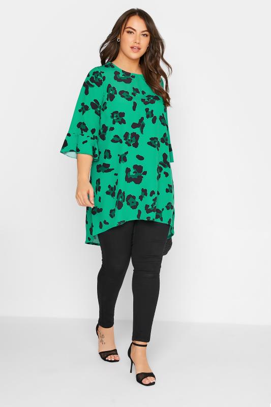 YOURS LONDON Plus Size Bright Green Leopard Print Flute Sleeve Tunic Top | Yours Clothing 2