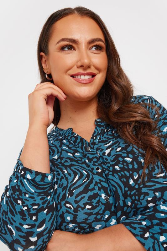 YOURS Plus Size Blue Animal Print Half Placket Shirt | Yours Clothing 4