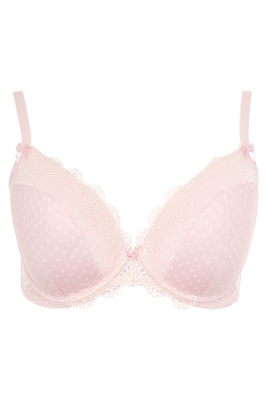 Pink Polka Dot Lace Trim Padded Underwired Plunge Bra | Yours Clothing 3